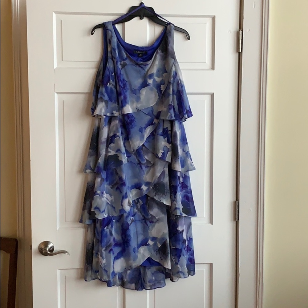 S.L. Fashions Blue and Gray Tiered Floral Chiffon Dress